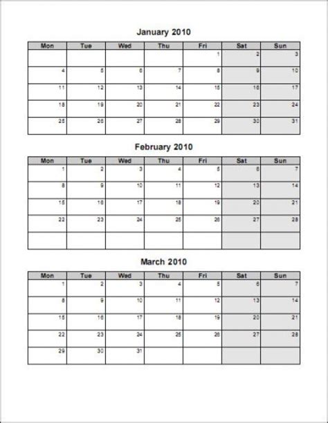 Three Month Calendar